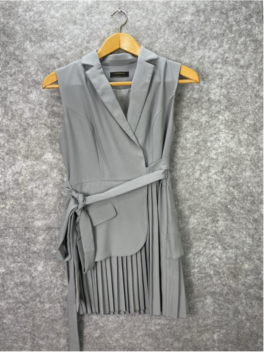 Commense Dress Womens Large Gray Sleeveless Belted Pleated Wrap Mini Blazer - Picture 2 of 13